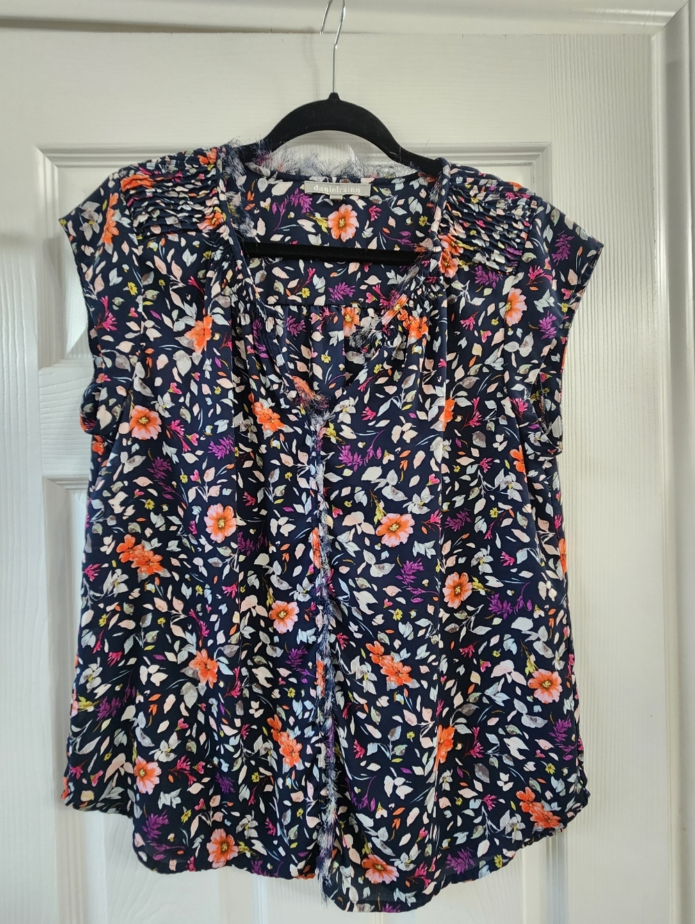 Daniel Rainn Navy Floral Flutter-Sleeve Blouse with Orange & Pink Blossoms